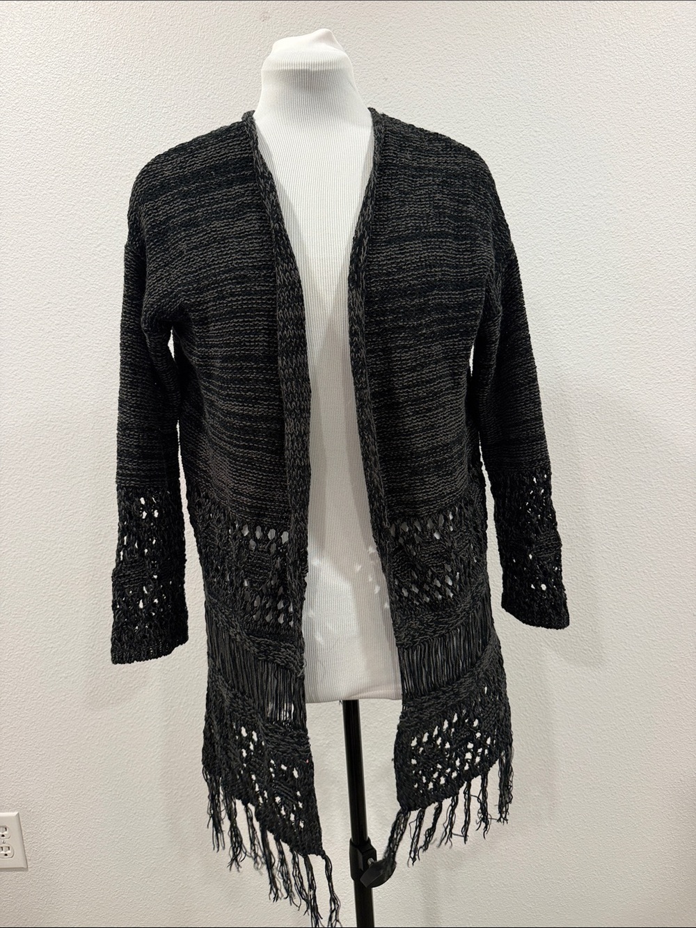 Open-Front Black Fringe Knit Cardigan with Crochet Detail